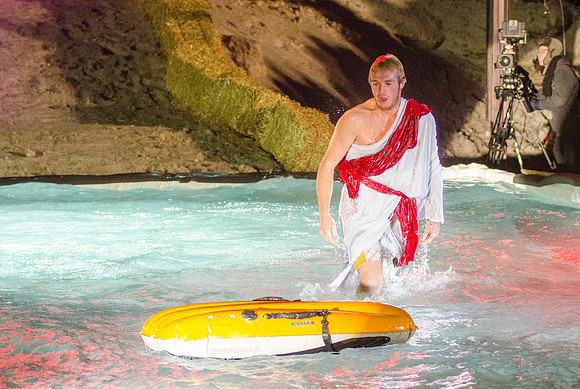 Students at Brigham Young University-Idaho take part in the annual Pond Skimming event held on campus at BYU-Idaho. Students wait in the cold or take the daring attempt to skim a pool of water using a