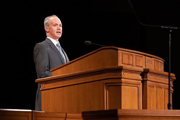 Robert Tueller of the Music Department records his devotional talk.