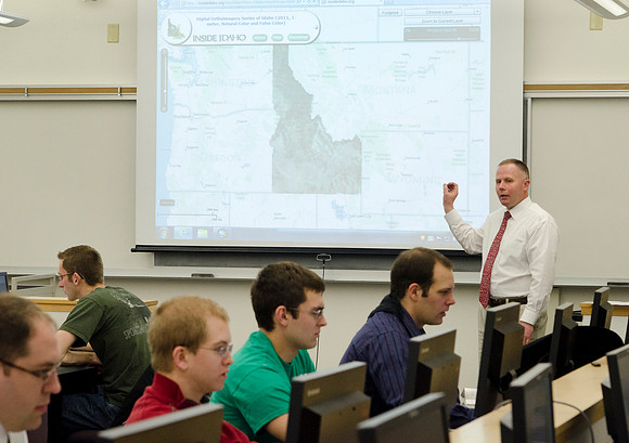 Sean Cannon teaches Geography 230 Intro to Geographic Info Systems.  In class today students were downloading a Google map zoomed into Rexburg then identifying streets in a new layer to create a local