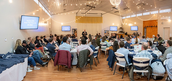 Alumni in the Cache Valley area gather at Eagles Landing Event Center, in Smithfield, Utah and get the chance to listen to and meet President Meredith.