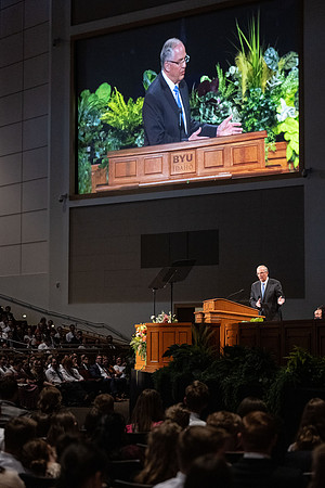 Elder Neil L. Anderson addresses the students at BYUI in the I-Center during devotional.