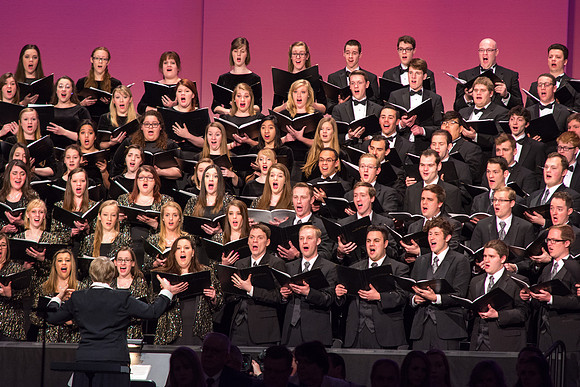 The Brigham Young University-Idaho combined choir sing at devotional. Photo by Ryan Chase.