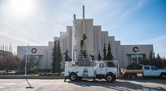 The BYU-Idaho ground keeping crew set up a christmas tree in front of the Taylor chapel. Fall Semester.