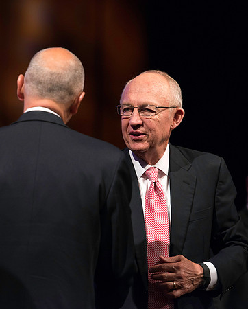 Emeritus General Authority of the Seventy greets students after the BYU-Idaho devotional.