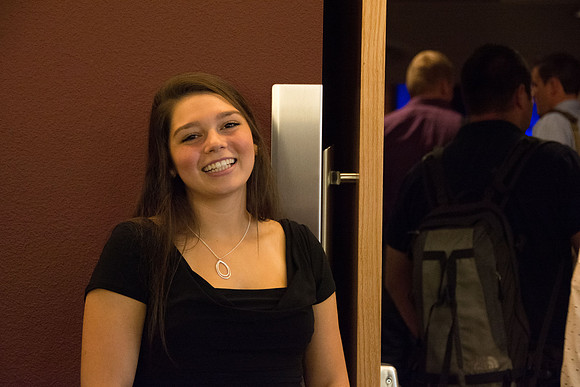 Students gather to listen to President and Sister Clark talk in the i-Center for the first devotional of the semester.
