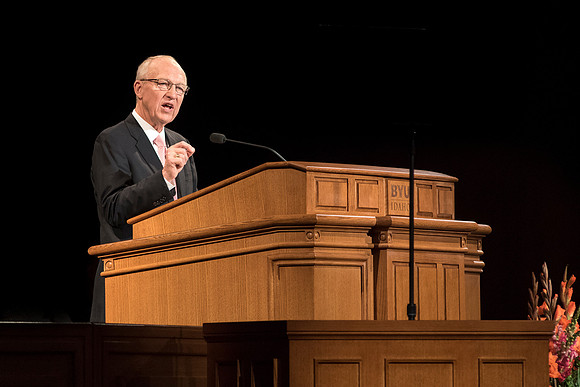 Elder Don R. Clarke, Emeritus General Authority, speaks to BYU-Idaho students at devotional. Photo by Ryan Chase