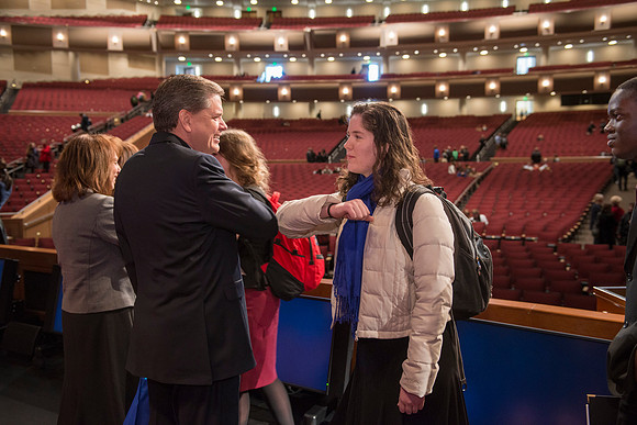 David L. Beck greets students after devotional in the BYU-Idaho Center.