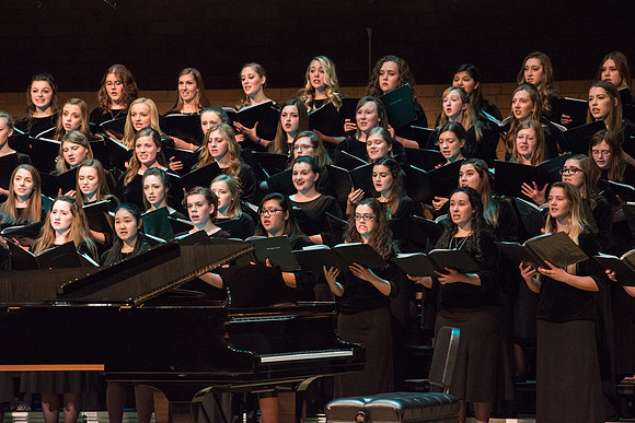 The Brigham Young University-Idaho choirs and ensembles perform in a concert together.