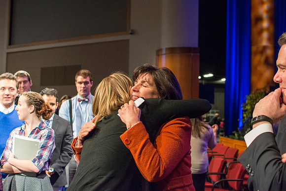 Carole Stephens meets with Brigham Young university-Idaho students and shakes hands with them. Photo by Ryan Chase