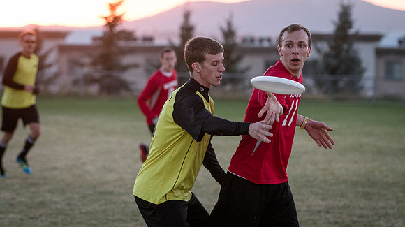 Teams compete during an Ultimate Frisbee game.
