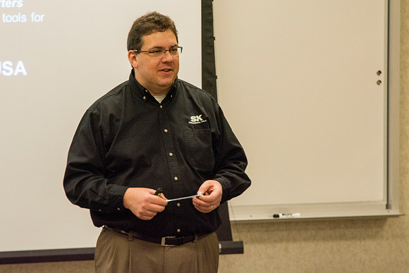SK Tools representative Rob Conrad speaks to Automotive and Engineering students in the Austin Builiding.