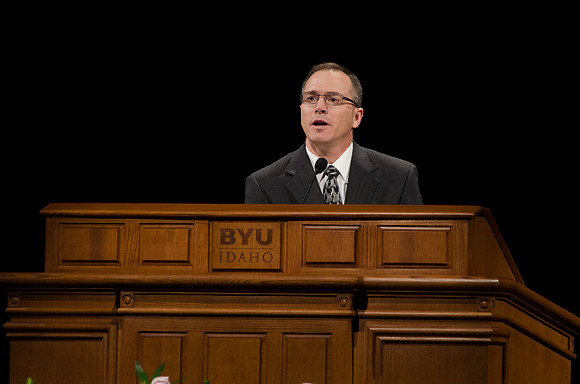 Brother Rick Hirschi addresses the student body at Devotional on 1/20/15.