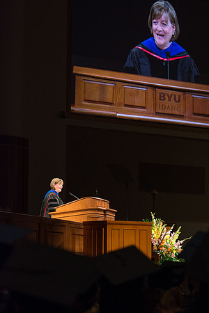 Bonnie L Oscarson, the Young Women General President, speaks at the commencement ceremony at BYU-Idaho. Photo by Ryan Chase