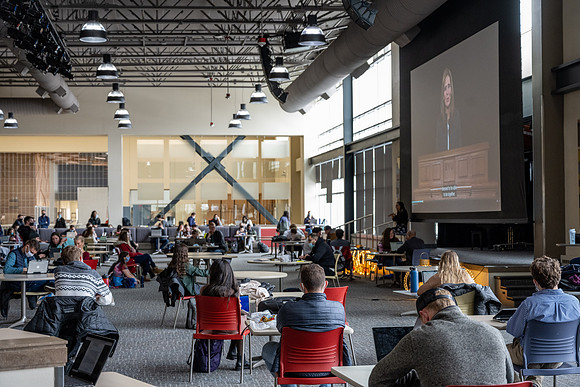 Students gather in the Manwaring Center, Crossroads to study, socialize, and watch devotional.