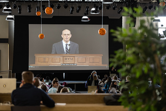 President Eyring introduces Elder Evan A. Schmutz, a General Authority Seventy for the Church of Jesus Christ of Latter-day Saints, and his wife Cindy L. Schmutz, the speakers for BYU-Idaho devotional