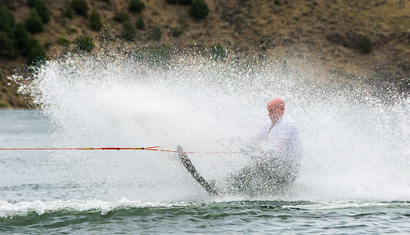 Waterskiing at Ririe Reservoir with BYU-Idaho's President Henry J Eyring. Video shoot for his Fall semester devotional promo video. - Aug 2019