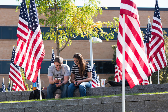 500 flags displayed in the Central Quad on Constitution Day.