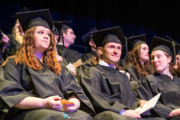 Students of the College of Performing and Visual Arts await their convocation ceremony before receiving their degrees.