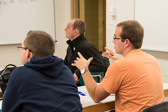 Students in a Civil Engineering class, Reinforced Concrete Design, are taught by Nathan Harris.