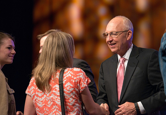 Emeritus General Authority of the Seventy greets students after the BYU-Idaho devotional.