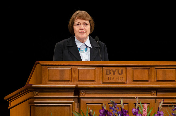 Sister Clark speaks to students at first devotional Fall 2014