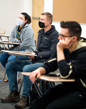 BYUI classes in the religion department meeting during Covid-19 with masks and social distanced seating.