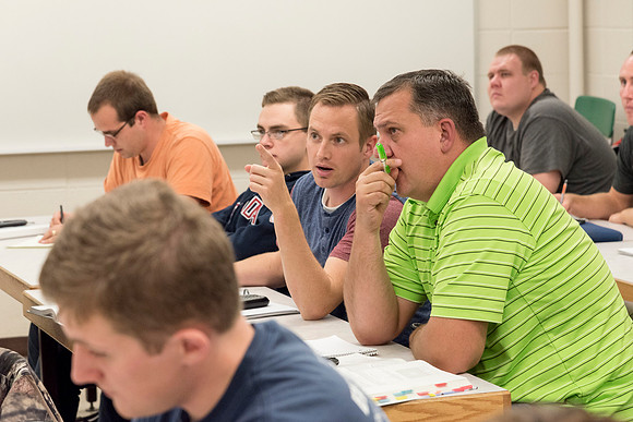 Students in a Civil Engineering class, Reinforced Concrete Design, are taught by Nathan Harris.