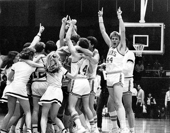 Jubilation after winning first-ever regionals in Rexburg in 1984. Player at the right is Roland Smith