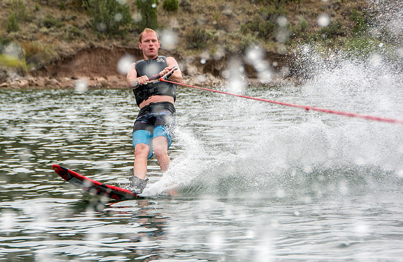 Tanner Fugal waterskiing at Ririe Reservoir.