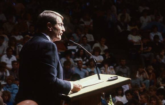 Elder Maxwell speaking at a fireside at Rick's College in 1987.