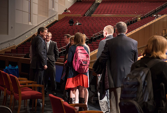 David L. Beck greets students after devotional in the BYU-Idaho Center.