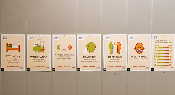 Posters in the MC Building of "Fight the Virus." Helpful tips to stay healthy and help others stay healthy.