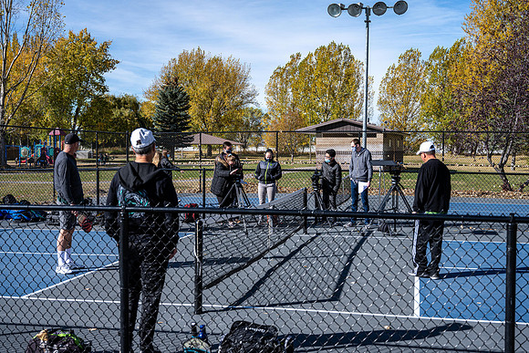 Dinking around playing pickleball for the HR Wellness Video.