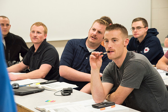 Students in a Civil Engineering class, Reinforced Concrete Design, are taught by Nathan Harris.