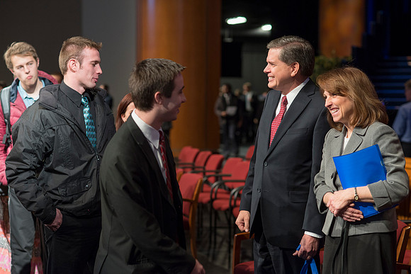 David L. Beck greets students after devotional in the BYU-Idaho Center.
