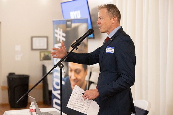Alumni in the Cache Valley area gather at Eagles Landing Event Center, in Smithfield, Utah and get the chance to listen to and meet President Meredith.