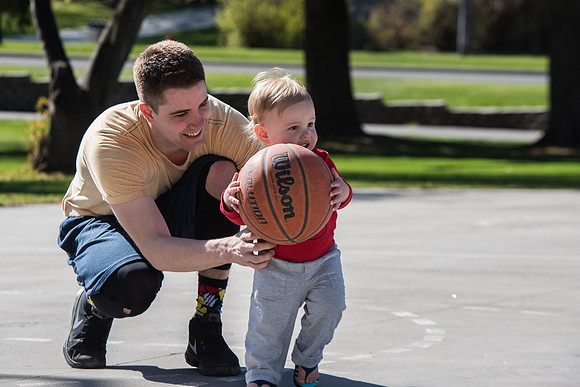 Jacob and Jacob, two BYU-Idaho students, play one on one basketball at the Smith Park court.