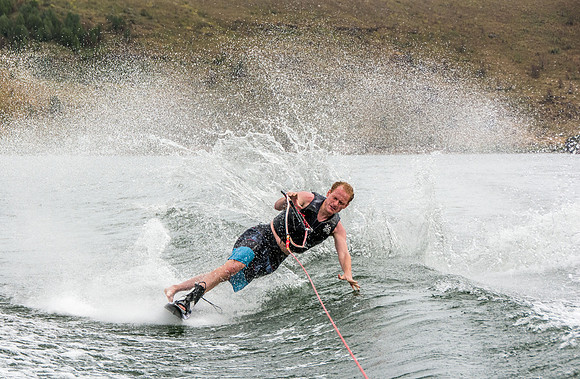 Tanner Fugal waterskiing at Ririe Reservoir.