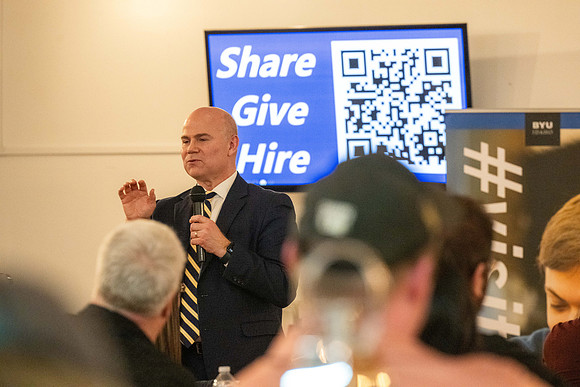 Alumni in the Cache Valley area gather at Eagles Landing Event Center, in Smithfield, Utah and get the chance to listen to and meet President Meredith.