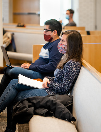 BYUI classes in the religion department meeting during Covid-19 with masks and social distanced seating.
