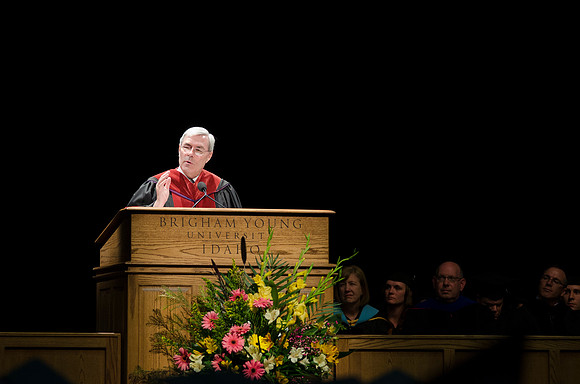 Edwin A. Sexton, Associate Academic Vice President for Curriculum, BYU-I, gives closing remarks during Convocation in the Hart Auditorium.