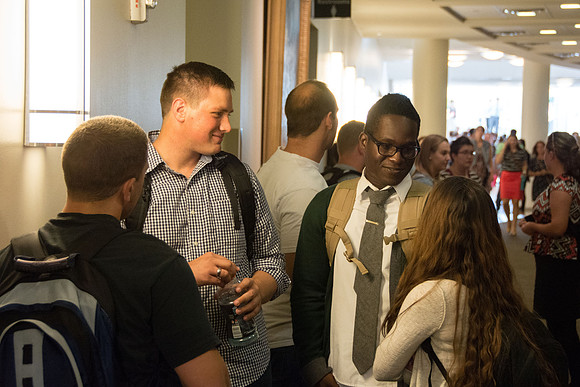 Students gather to listen to President and Sister Clark talk in the i-Center for the first devotional of the semester.