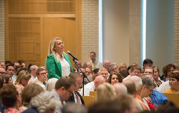 Sister Bonnie Cordon in the General Young Women's Presidency addresses Employees gathered in the Taylor Chapel.
