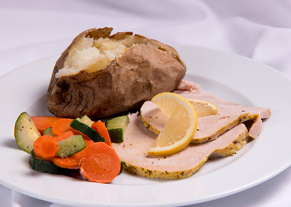 Food Service Catering Menu item. Lemon Kissed Roast Turkey, Potato and vegetables