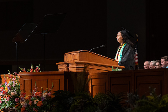 Aberash Williams, Sociology major, speaks at convocation for the College of Education & Human Development
