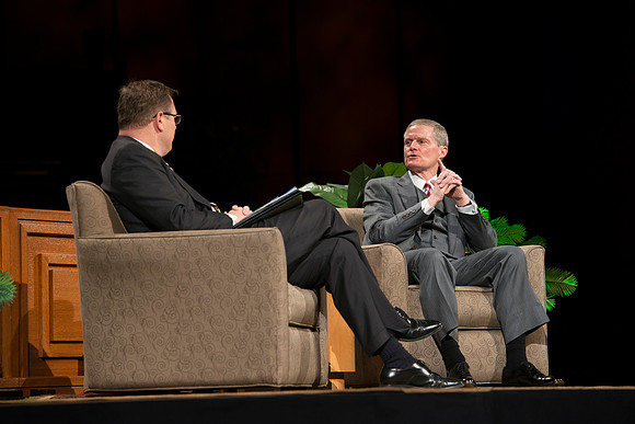 President Gilbert and Elder David A. Bednar Have a Q&A style meeting for the BYU-Idaho employees. Elder Bednar was the President during the transition of Ricks College to BYU-Idaho.