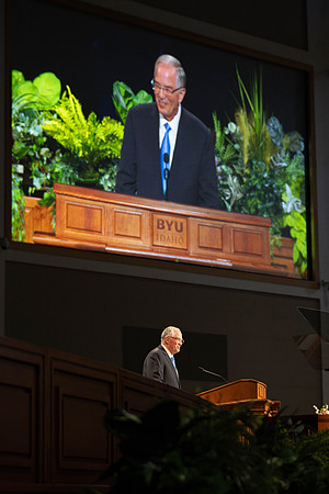 Elder Neil L. Anderson addresses the students at BYUI in the I-Center during devotional.