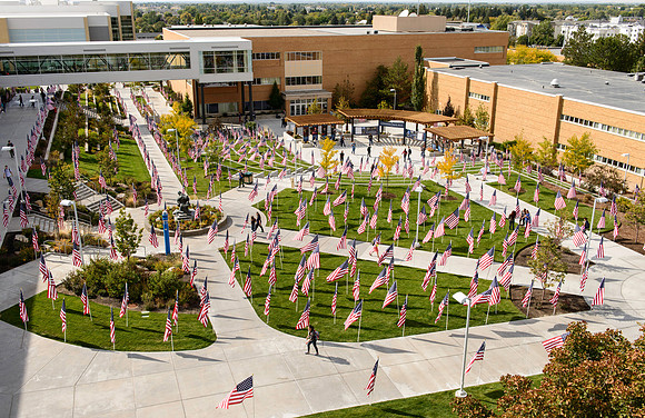 Flags on display in the Central Quad celebrate Constitution Day. "Remembering the brave men and women who gave so much for our Independance and the freedoms we now enjoy."