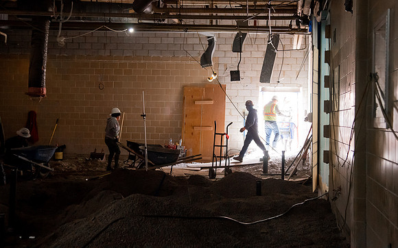 Construction in the BYUI Hart building main gym, locker rooms, and racquetball courts.