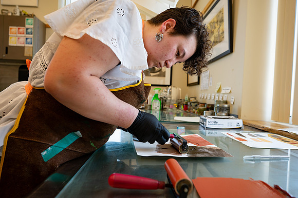 Students working in Printmaking 2 in the Spori Building.